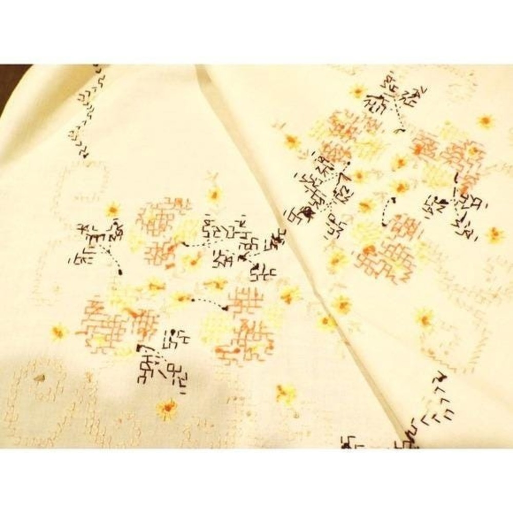 Vtg Hand Embroidered Floral Ecru Tablecloth Cross-Stitched‎ Orange Yellow Brown